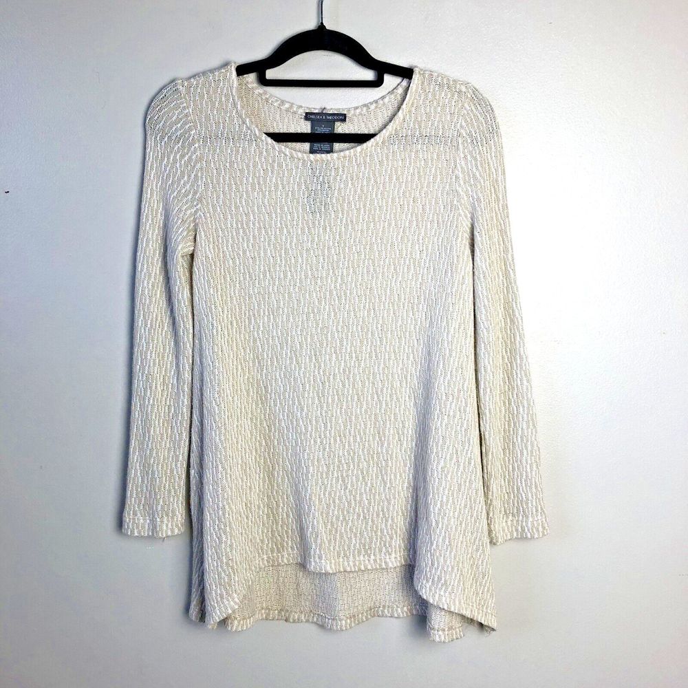 Chelsea & Theodore Sweater Womens S Lightweight Sheer Hi-Lo Flowy Hem Tan Cream
